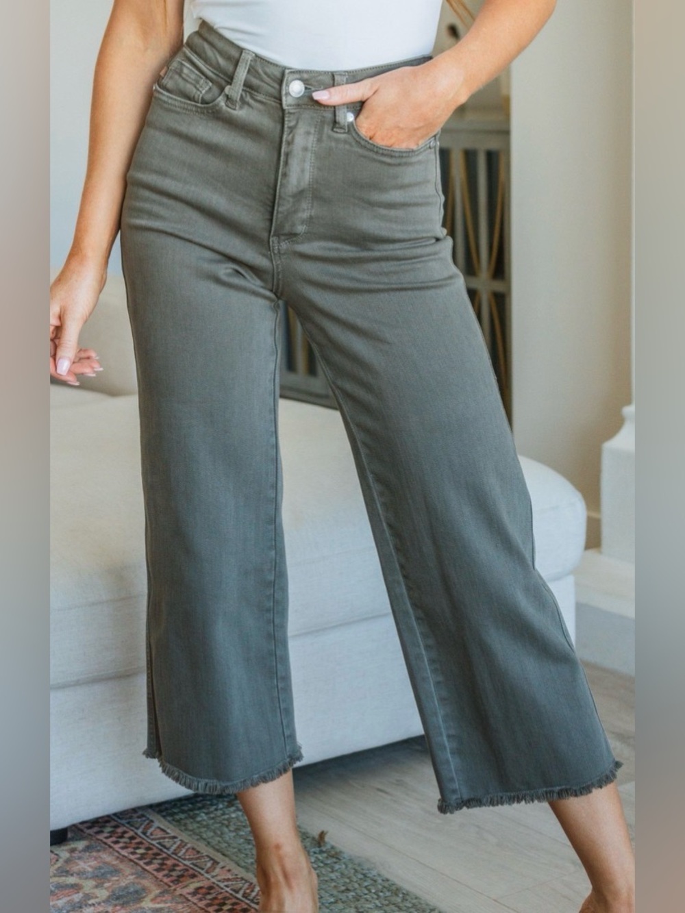 Judy Blue Olive Green High Waist  Cropped Wide Leg Jeans